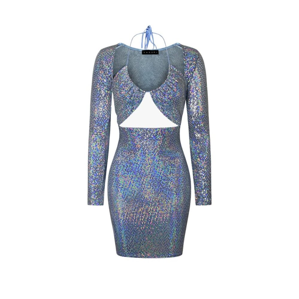 NWT Sabora Light Blue Iridescent Sequin Two Piece Bodycon Mini Dress Club Party